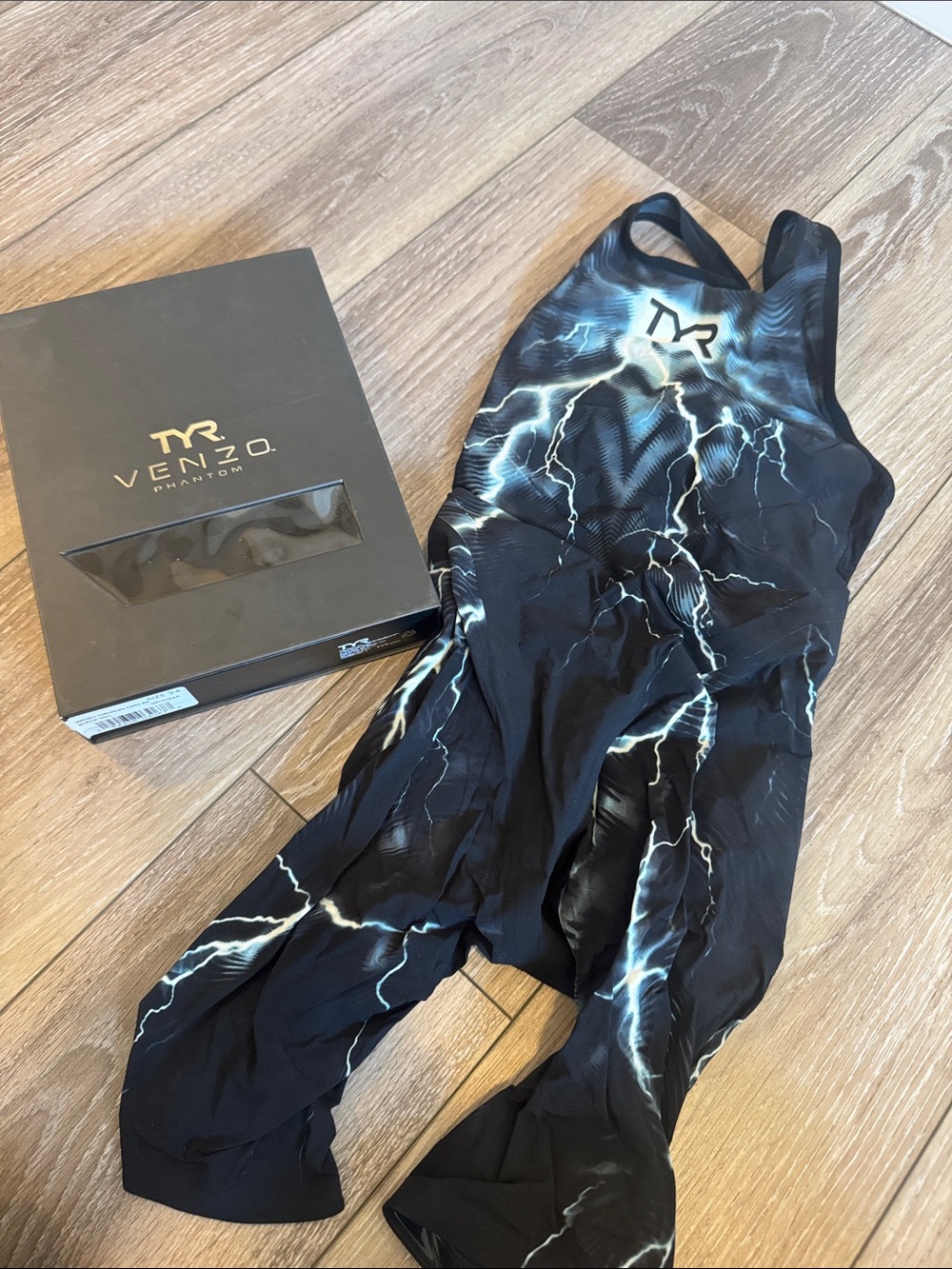 TYR Black Phantom Venzo Tech Suit with White Lightning Print